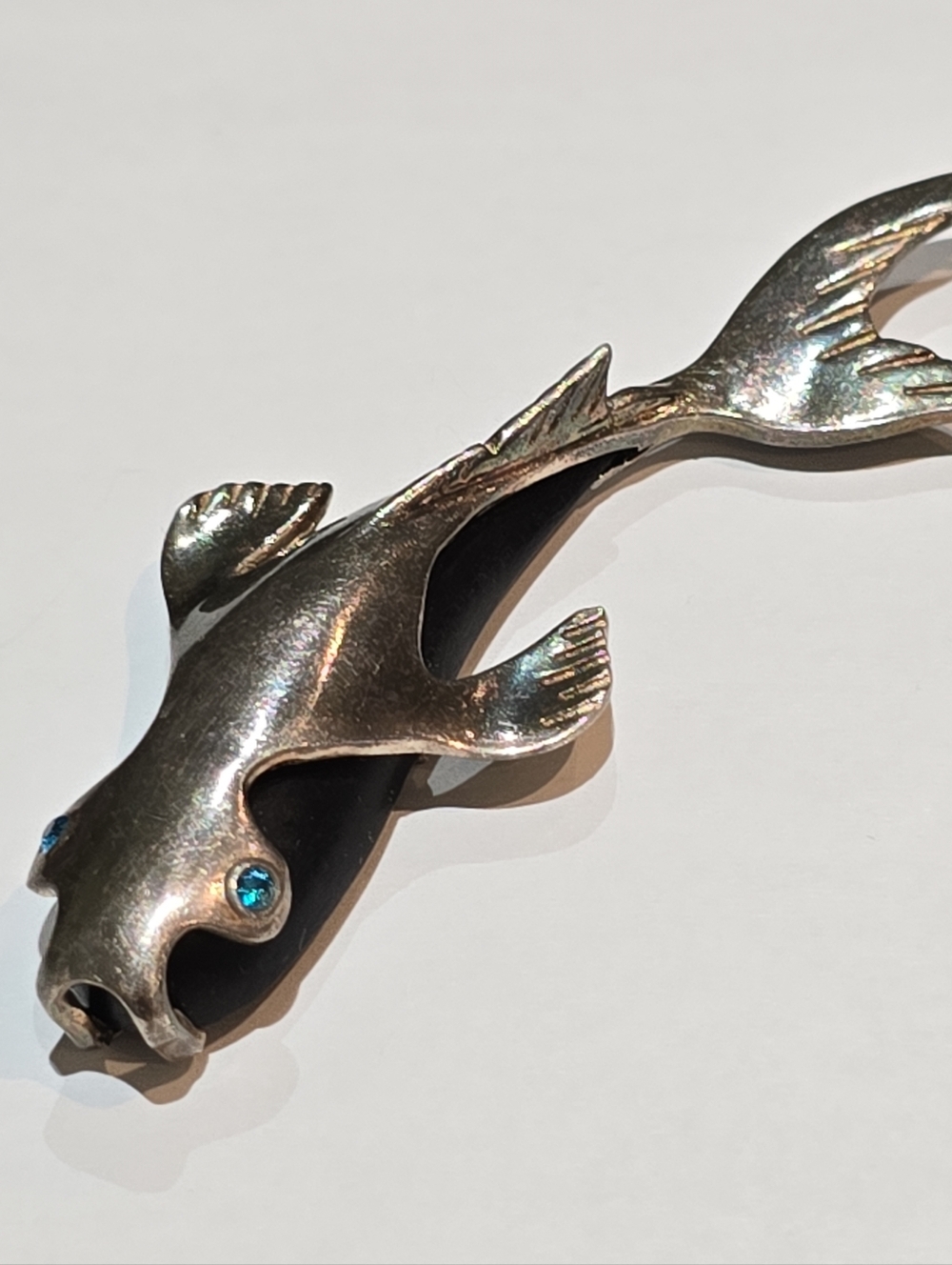 Vintage Large 925 Sterling Silver Fish pendant with Blue Accent Eyes
